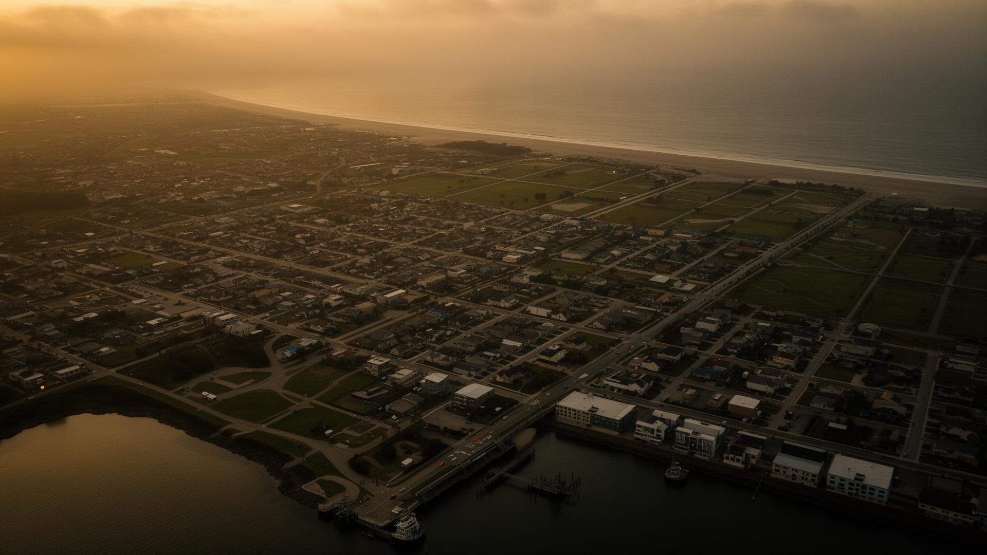 Aerial view of a planned coastal community at golden hour