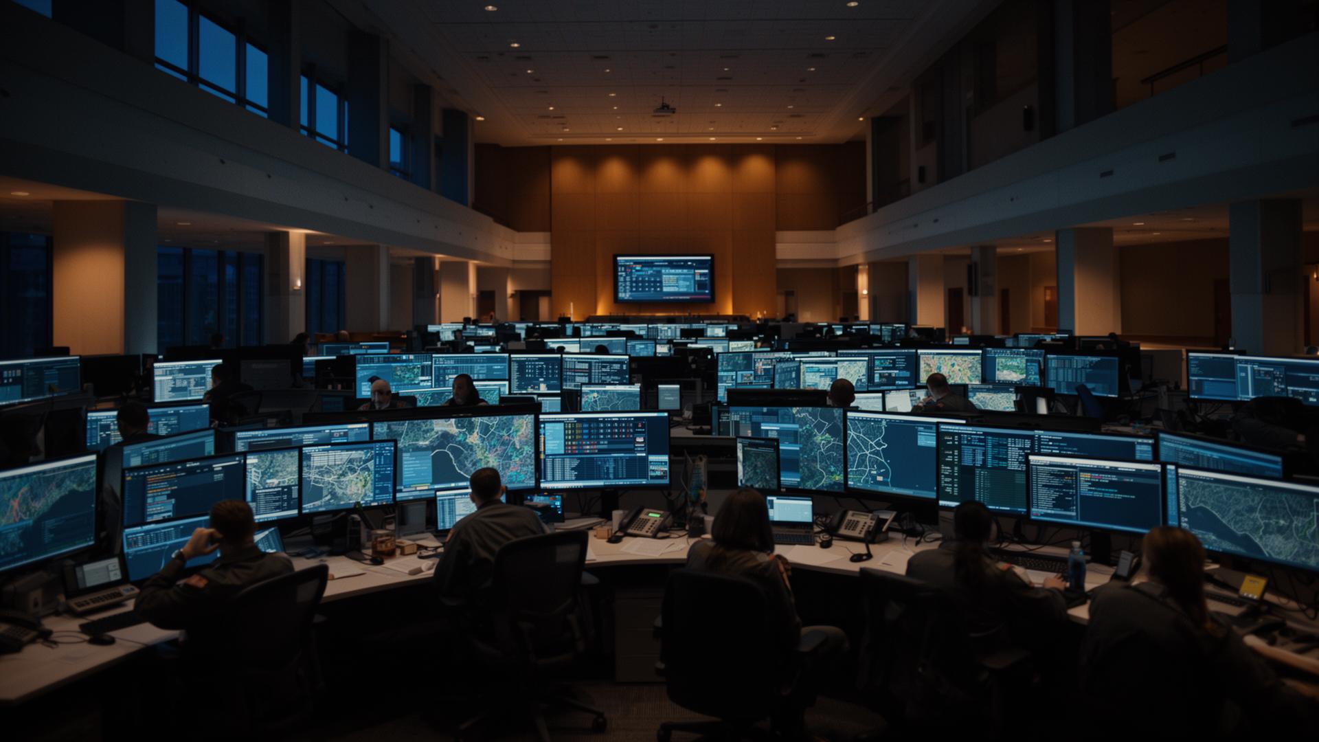 Emergency operations center with analysts monitoring critical systems