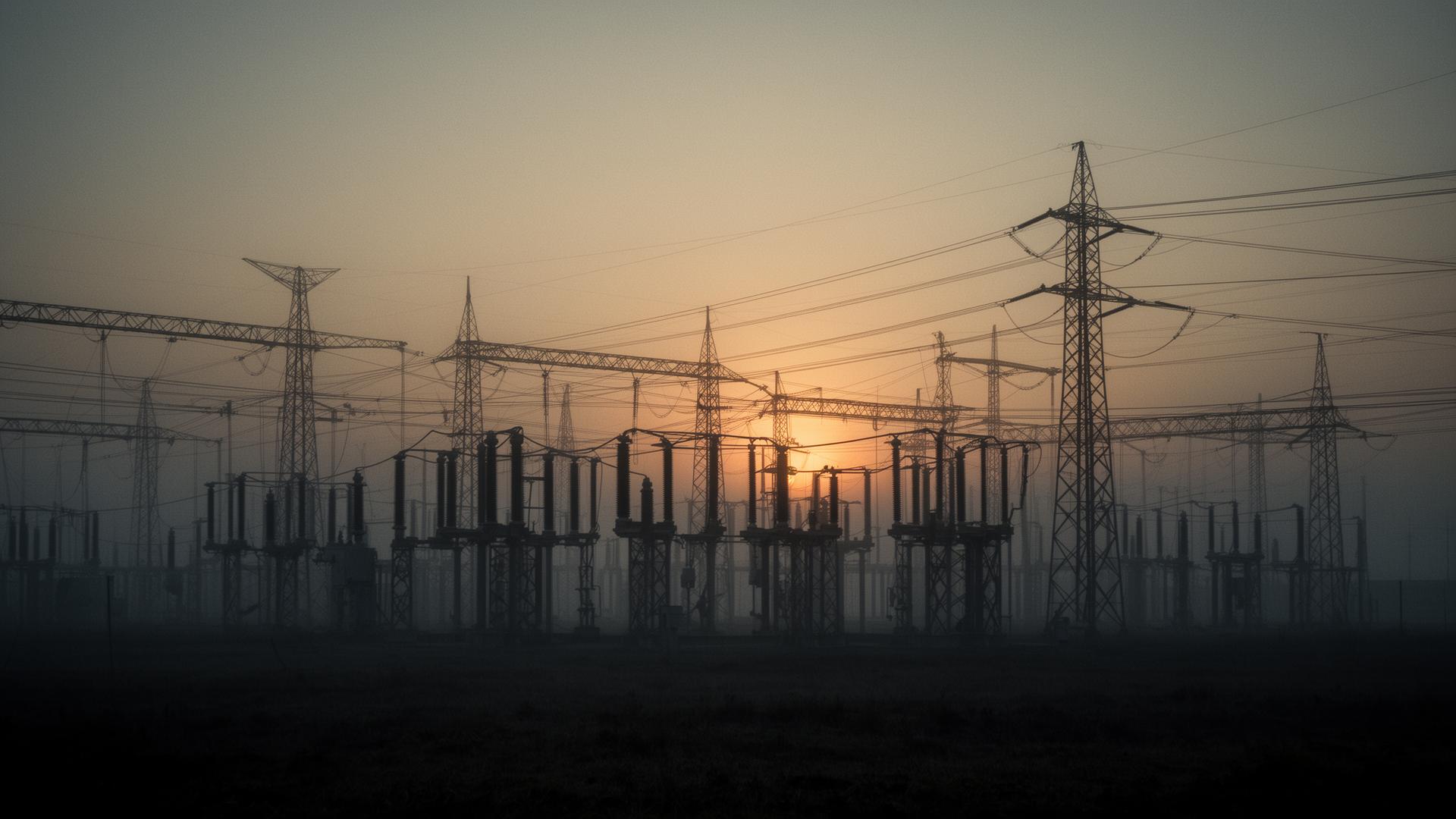 High-voltage transmission infrastructure at dusk